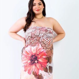 Peach Flower Print Sleeveless Midi Dress - Plus Size